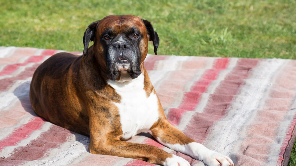 Fat Boxer dog lying on a blanket.