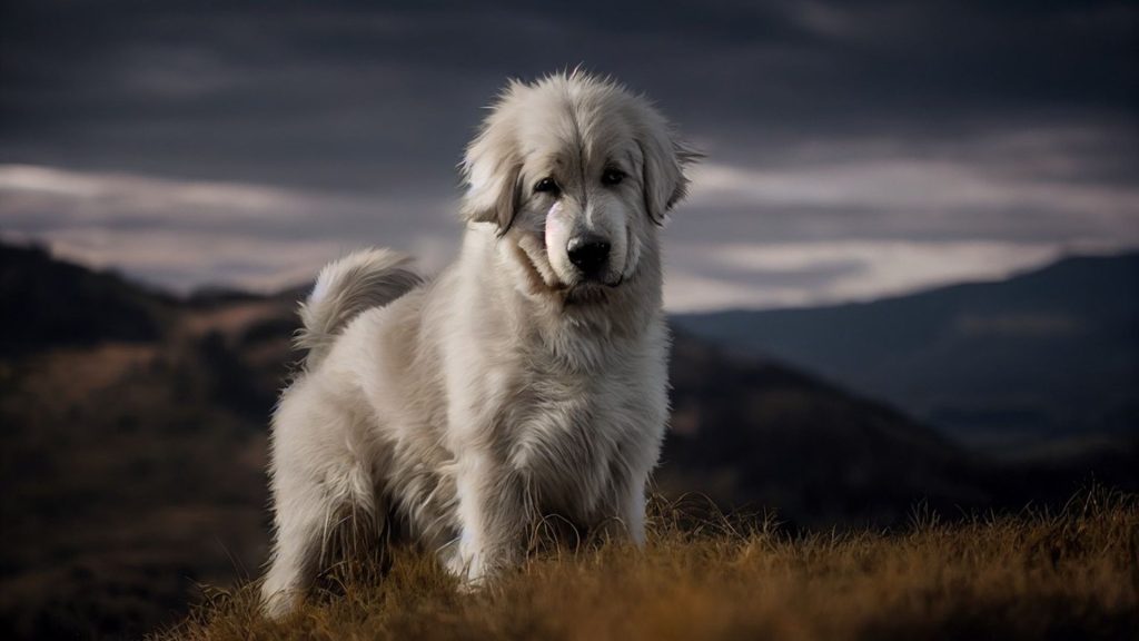 Great Pyrenees dog standing outdoors, representing a large, fluffy breed.