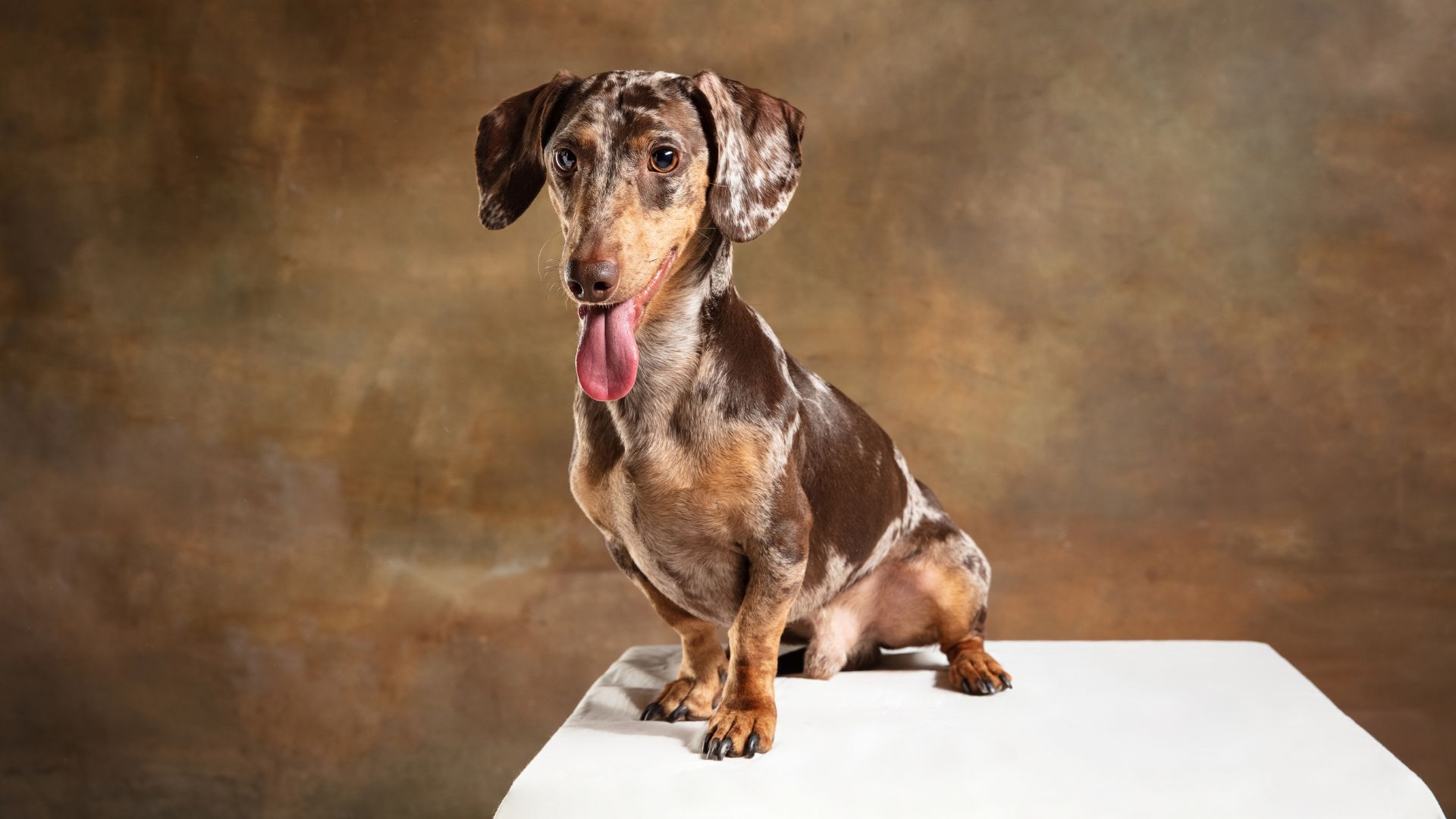 Adorable adult piebald Dachshund with a spotted coat sitting on a white surface.